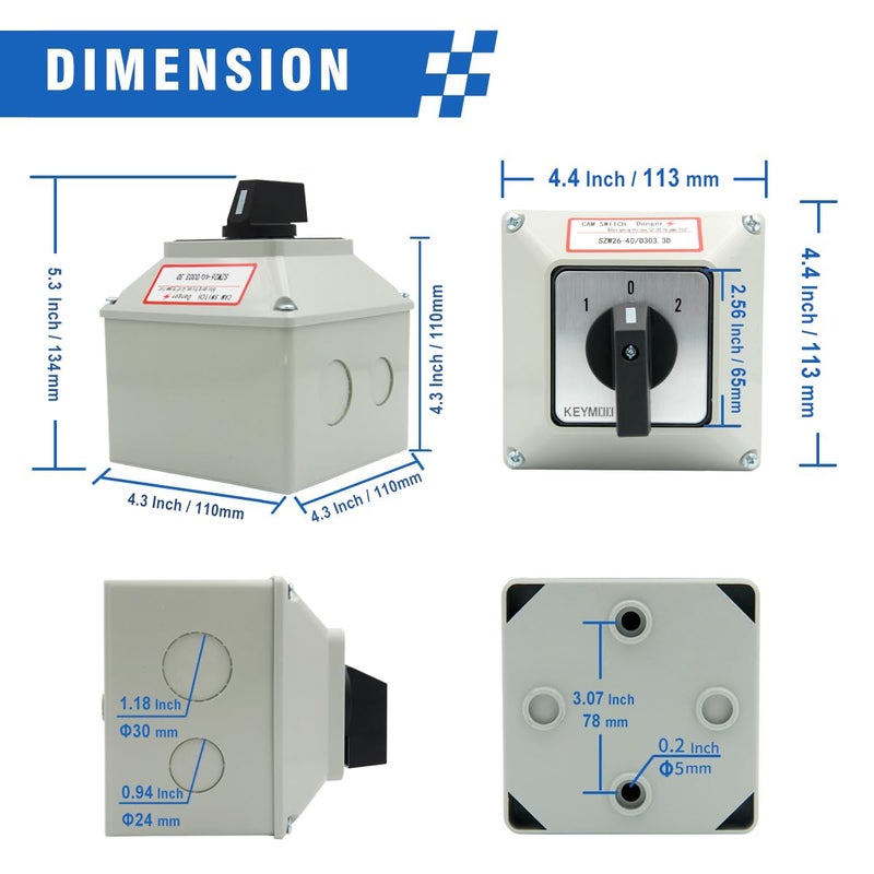 Keymoo 40A Rotary Changeover Switch With Exterior Box, 3 Position 3 Phase 12 Terminals, Universal Selector With AWG 12-10 Yellow Terminals, Cam Box IP65 40/D303.3D - Image 3